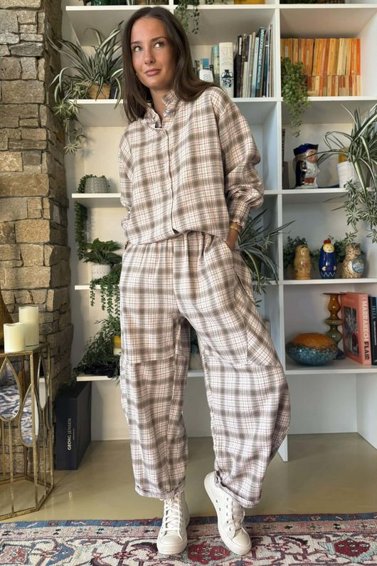 Patrick Plaid Brushed Cotton Barrel Pant Mocha Blush